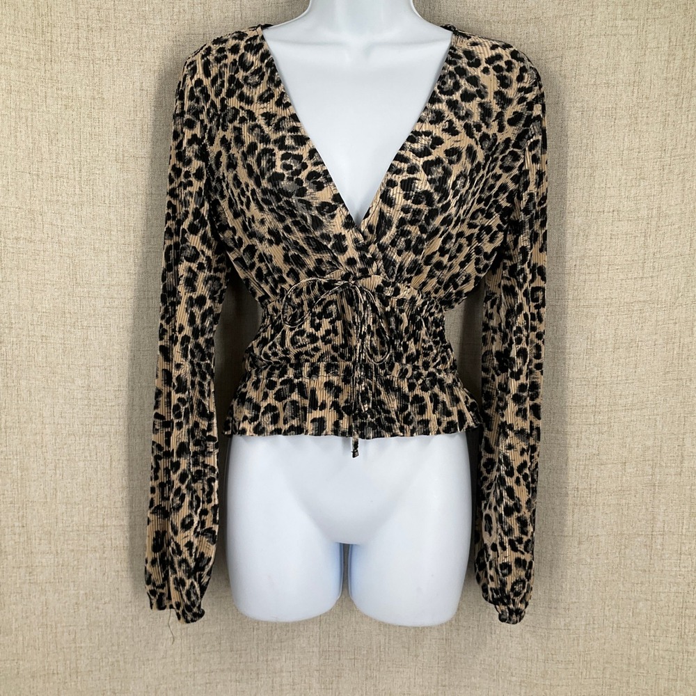Zara Blouse Women S Tan Leopard Plisse Wrap Peplum V-Neck Animal Print Mob Wife
